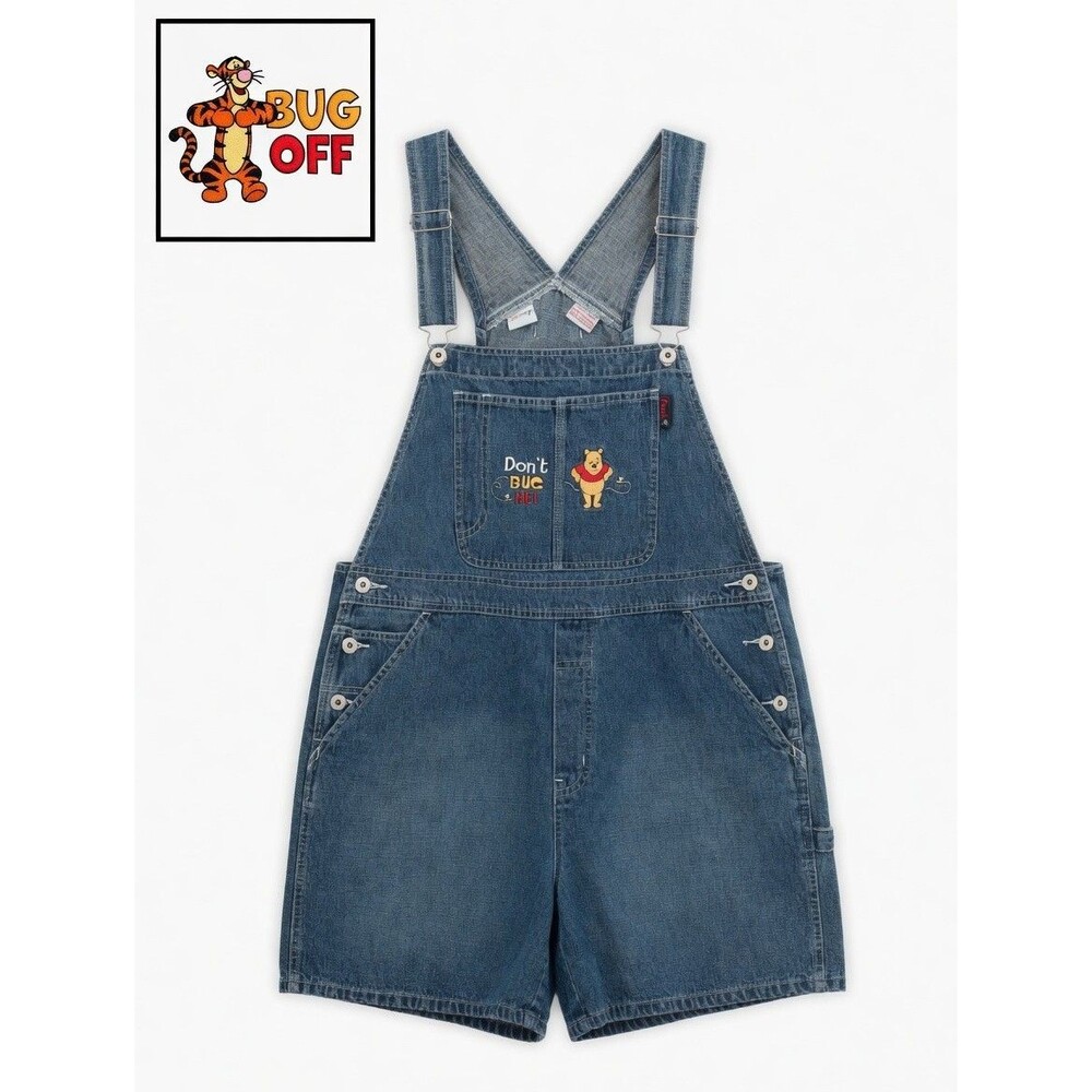 Vtg Y2k 90s Disney Denim Bib Overall Winnie the Pooh Tigger Shorts Women's L EUC